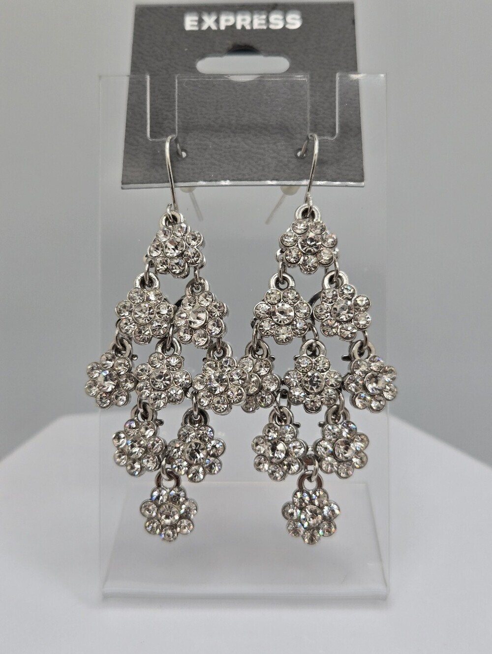 Vintage Style Rhinestone Chandelier Earrings Silver Tone Bridal Statement 2.5" N